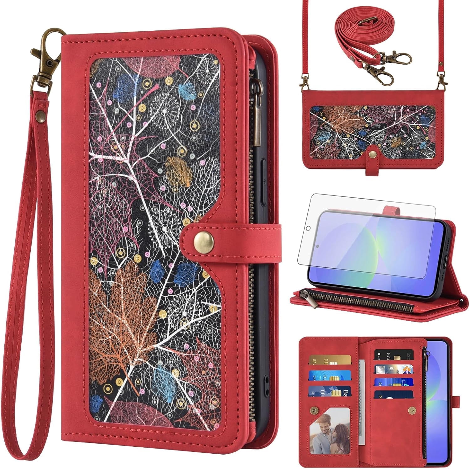 Asuwish Phone Case for Samsung Galaxy A36 5G Wallet Cover With Tempered Glass Screen Protector Crossbody Wrist Strap Flip Pattern Zipper Credit Card Holder Stand Cell A 36 36A LTE SM-A366U Women Red