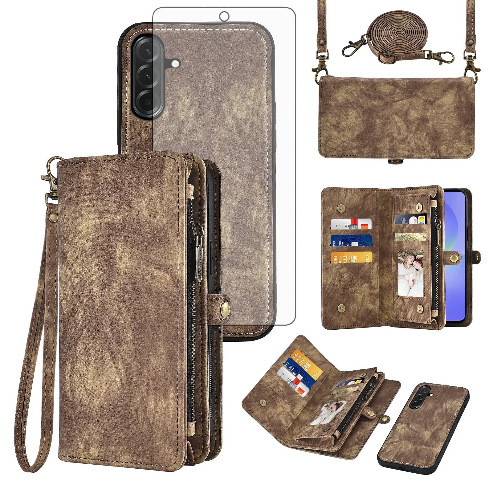 Asuwish Phone Case for Samsung Galaxy A36 5G Zipper Wallet Detachable Cell Cover with Tempered Glass Screen Protector Crossbody Lanyard Strap Flip Card Holder A 36 36A LTE SM-A366U Women Girls Brown