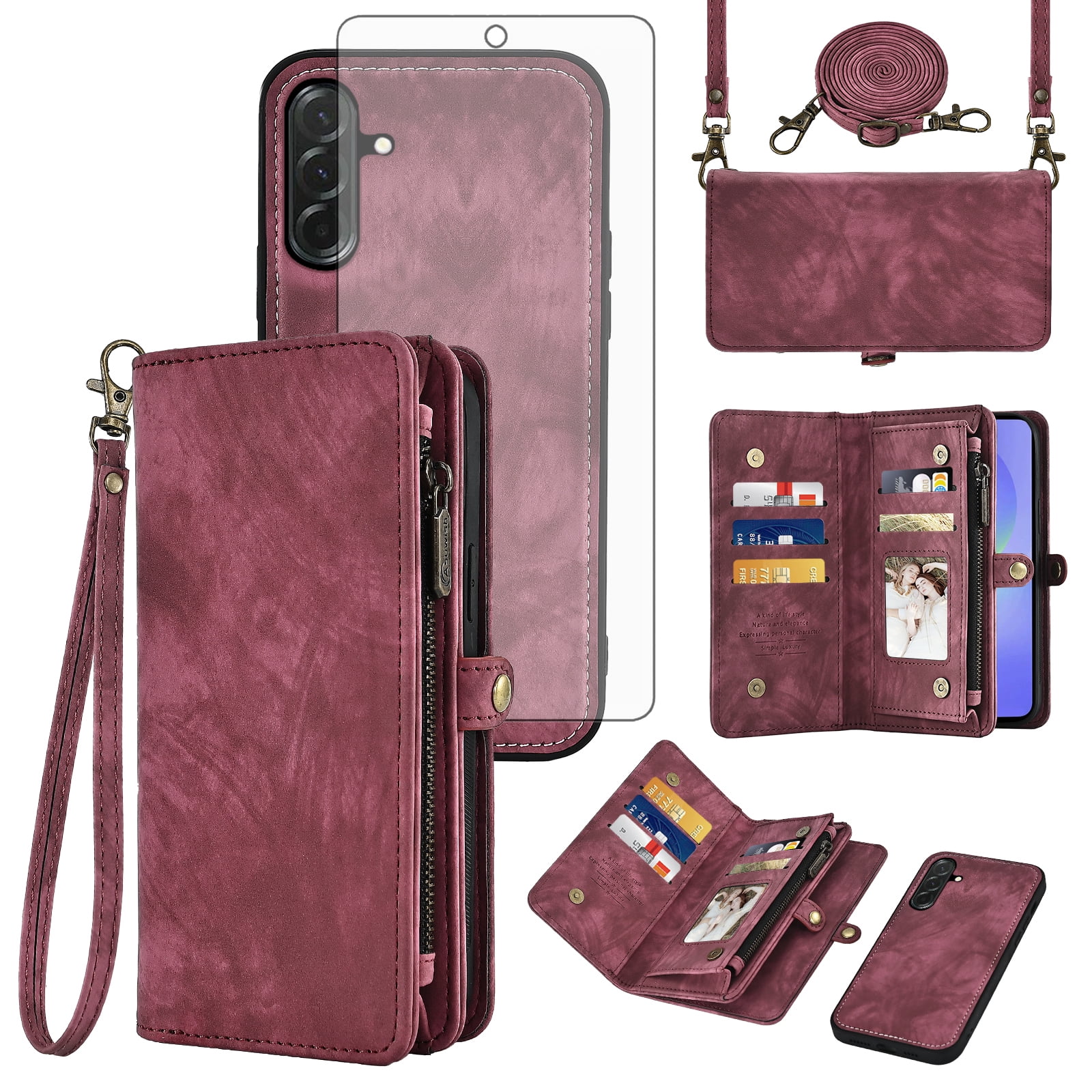 Asuwish Phone Case for Samsung Galaxy A36 5G Zipper Wallet Detachable Cell Cover with Tempered Glass Screen Protector Crossbody Lanyard Strap Flip Card Holder A 36 36A LTE SM-A366U Women Girls Red