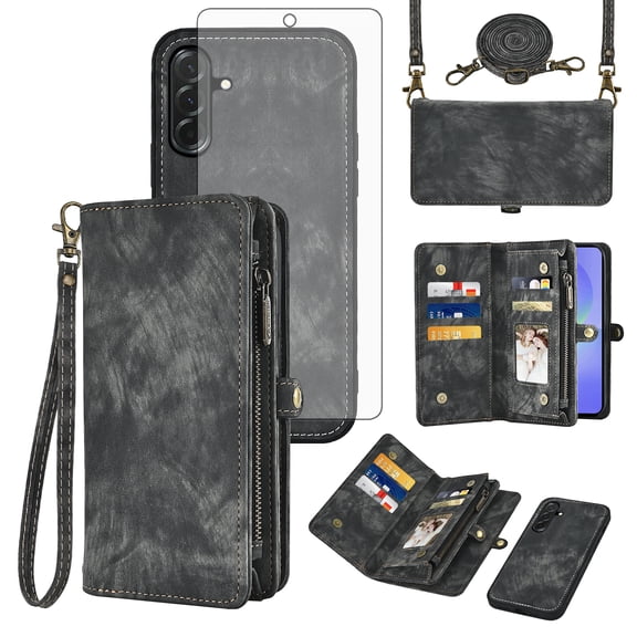 Asuwish Phone Case for Samsung Galaxy A36 5G Zipper Wallet Detachable Cell Cover with Tempered Glass Screen Protector Crossbody Lanyard Strap Flip Card Holder A 36 36A LTE SM-A366U Women Girls Black