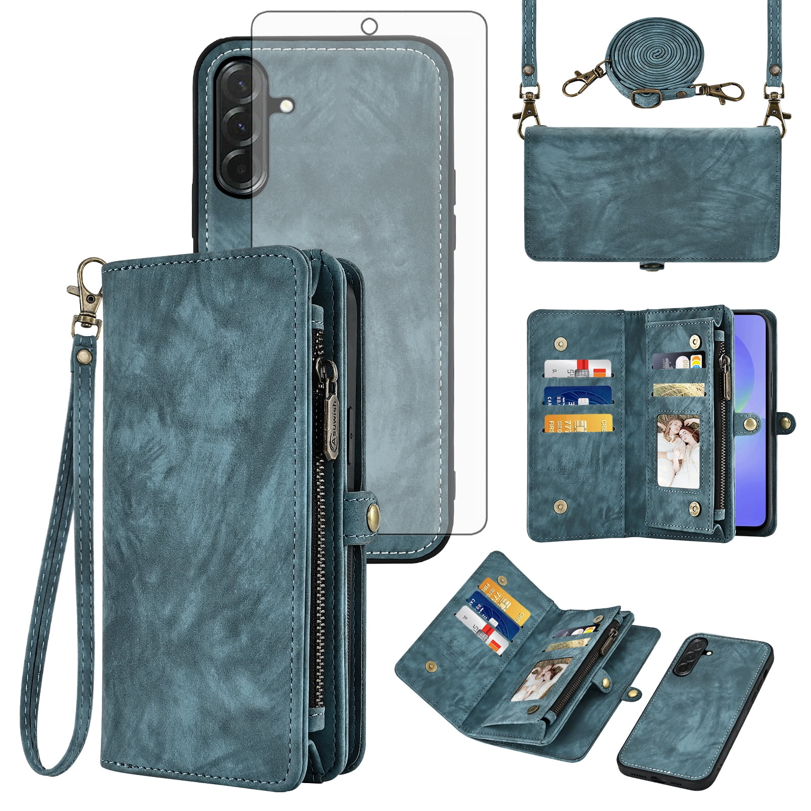 Asuwish Phone Case for Samsung Galaxy A36 5G Zipper Wallet Detachable Cell Cover with Tempered Glass Screen Protector Crossbody Lanyard Strap Flip Card Holder A 36 36A LTE SM-A366U Women Girls Blue