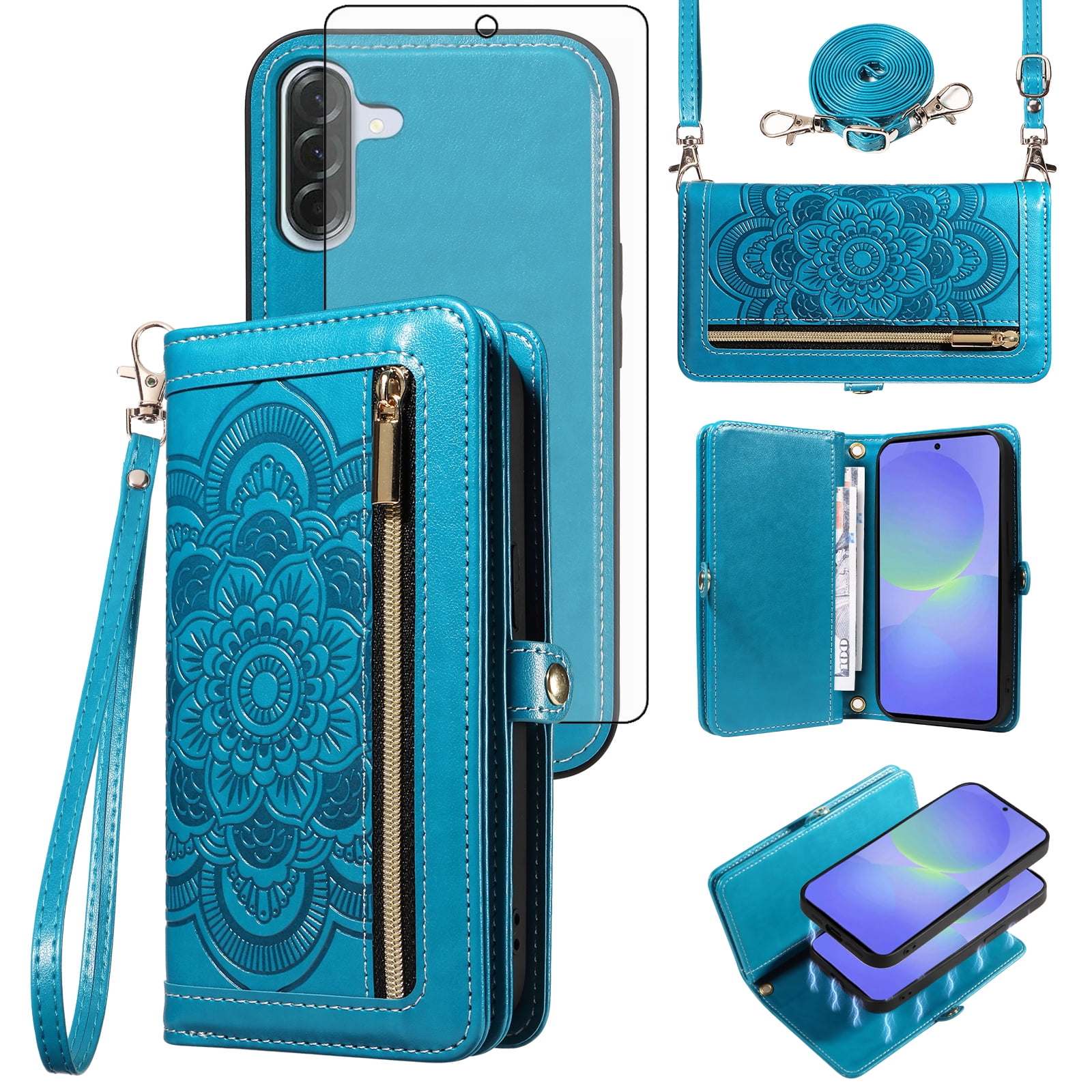 Asuwish Phone Case for Samsung Galaxy A36 5G Zipper Wallet Detachable Cell Cover with Tempered Glass Screen Protector Crossbody Lanyard Strap Flower Flip Card Holder A 36 36A LTE SM-A366U Women Blue