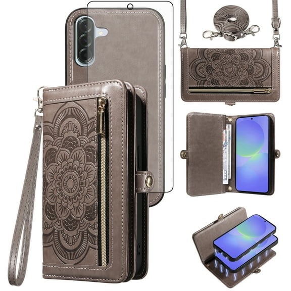 Asuwish Phone Case for Samsung Galaxy A36 5G Zipper Wallet Detachable Cell Cover with Tempered Glass Screen Protector Crossbody Lanyard Strap Flower Flip Card Holder A 36 36A LTE SM-A366U Women Gray
