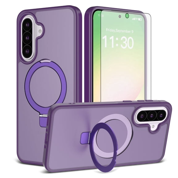 Asuwish Phone Case for Samsung Galaxy A36/A56 5G Tempered Glass Screen Protector Magnetic Folding Stand Frosted Translucent Rugged Shockproof Protective Cell Cover A 36 36A 56A Women Men Deep Purple