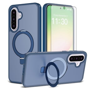 Asuwish Phone Case for Samsung Galaxy A37 5G Tempered Glass Screen Protector Magnetic Folding Stand Frosted Translucent Rugged Shockproof Protective Cell Cover A 37 37A LTE Women Men Blue