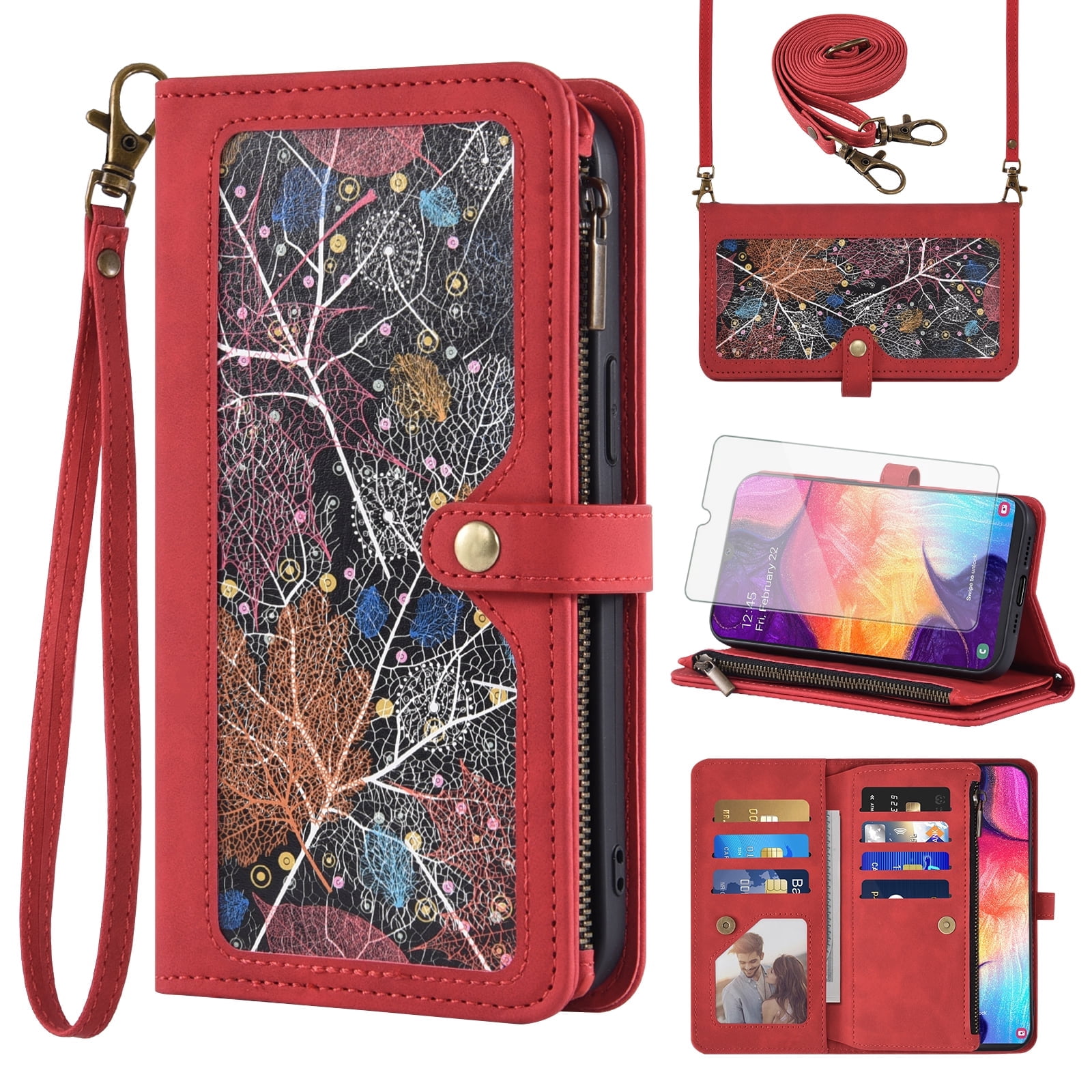 Asuwish Phone Case for Samsung Galaxy A50 A50S A30S Wallet Cover With Tempered Glass Screen Protector Crossbody Wrist Strap Flip Pattern Zipper Card Holder Cell A 50 50S 30S S50 50A SM A505G Men Red