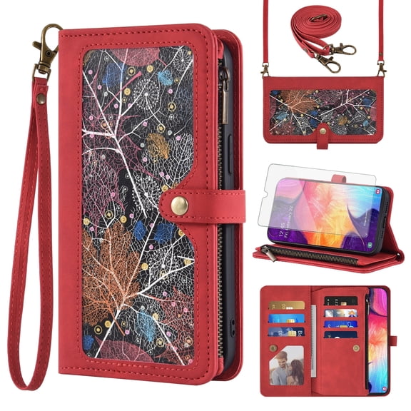 Asuwish Phone Case for Samsung Galaxy A50 A50S A30S Wallet Cover With Tempered Glass Screen Protector Crossbody Wrist Strap Flip Pattern Zipper Card Holder Cell A 50 50S 30S S50 50A SM A505G Men Red