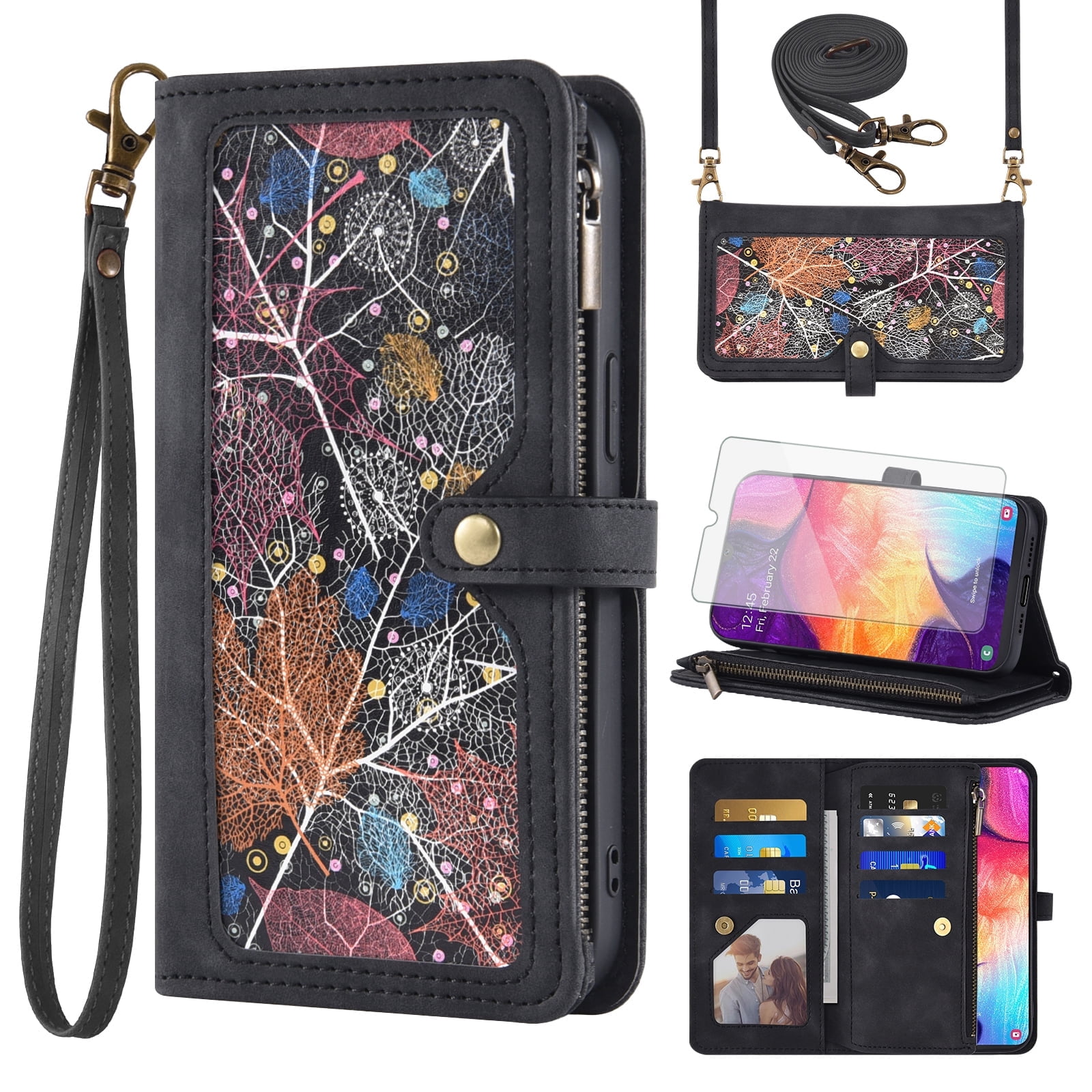 Asuwish Phone Case for Samsung Galaxy A50 A50S A30S Wallet Cover With Tempered Glass Screen Protector Crossbody Wrist Strap Flip Pattern Zipper Card Holder Cell A 50 50S 30S S50 50A SM A505G Black
