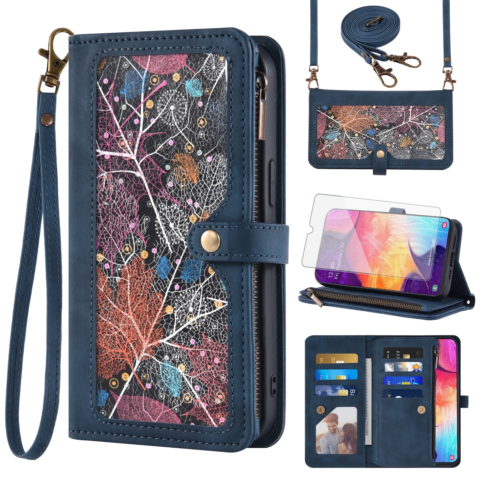 Asuwish Phone Case for Samsung Galaxy A50 A50S A30S Wallet Cover With Tempered Glass Screen Protector Crossbody Wrist Strap Flip Pattern Zipper Card Holder Cell A 50 50S 30S S50 50A SM A505G Men Blue