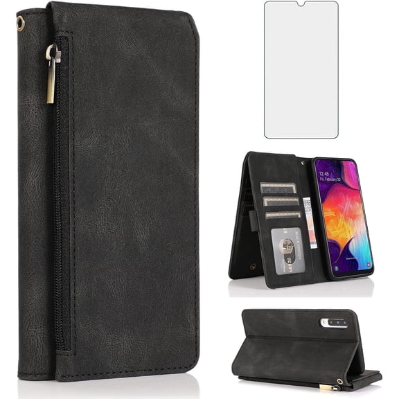 Asuwish Wallet Kickstand Hard Shell Cell Phone Case with Tempered Glass Screen Protector for Samsung Galaxy A50 / A50s / A30s, Black