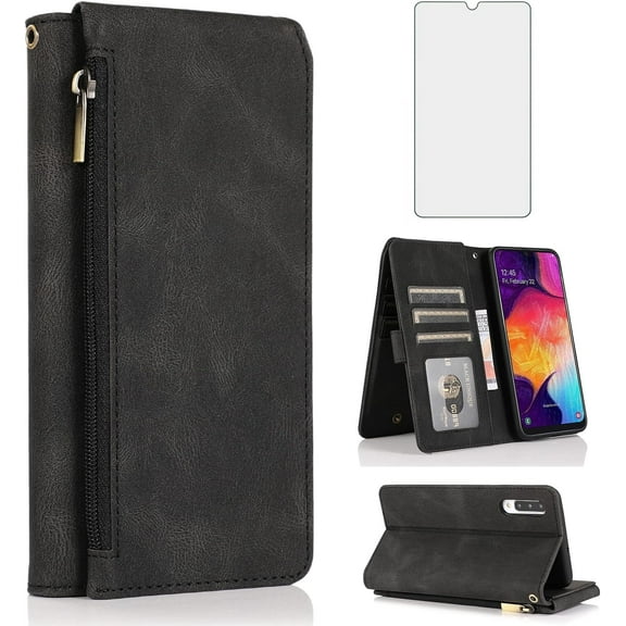 Asuwish Phone Case for Samsung Galaxy A50 A50S A30S Wallet Mobile Cash Cell Cover with Tempered Glass Screen Protector Flip Zipper Stand Card Holder Slot A 50 50S 30S S50 50A SM A505G Women Men Black
