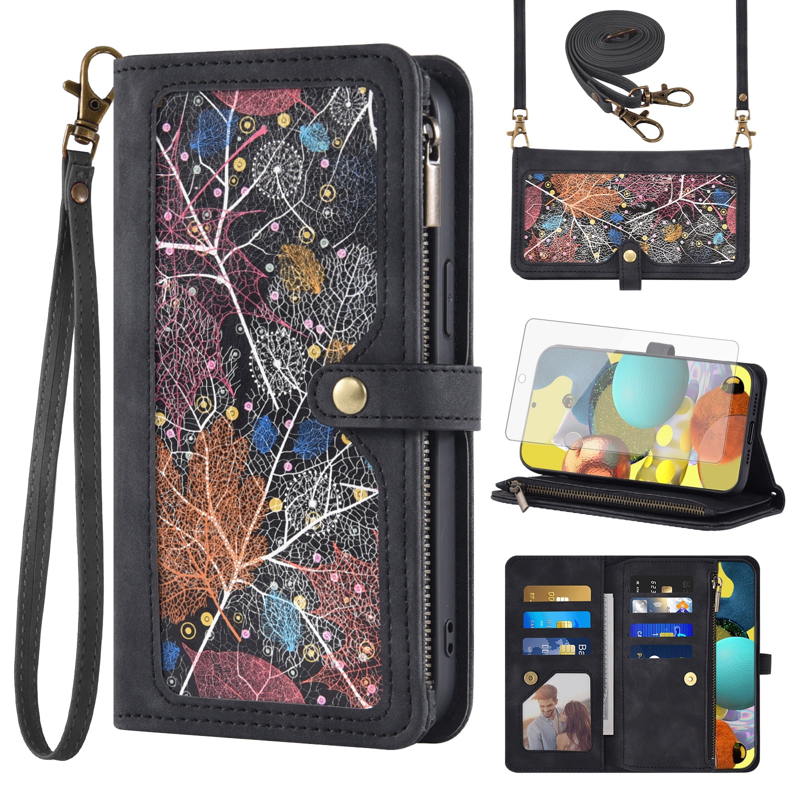 Asuwish Phone Case for Samsung Galaxy A51 4G Wallet Cover With Tempered Glass Screen Protector Crossbody Wrist Strap Flip Pattern Zipper Credit Card Holder Cell A 51 M40S 51A A515F S51 Women Black