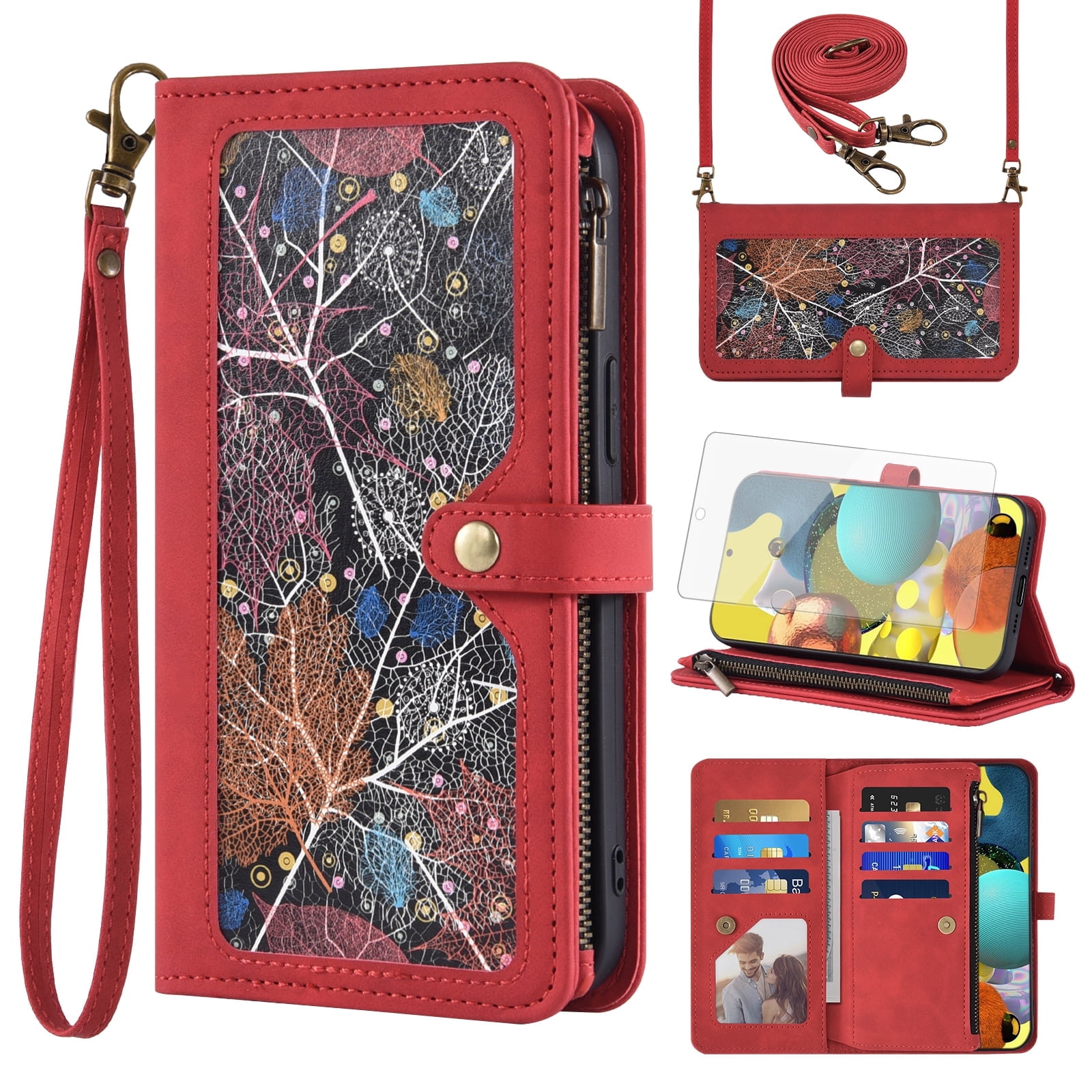 Asuwish Phone Case for Samsung Galaxy A51 4G Wallet Cover With Tempered Glass Screen Protector Crossbody Wrist Strap Flip Pattern Zipper Credit Card Holder Cell A 51 M40S 51A A515F S51 Women Men Red