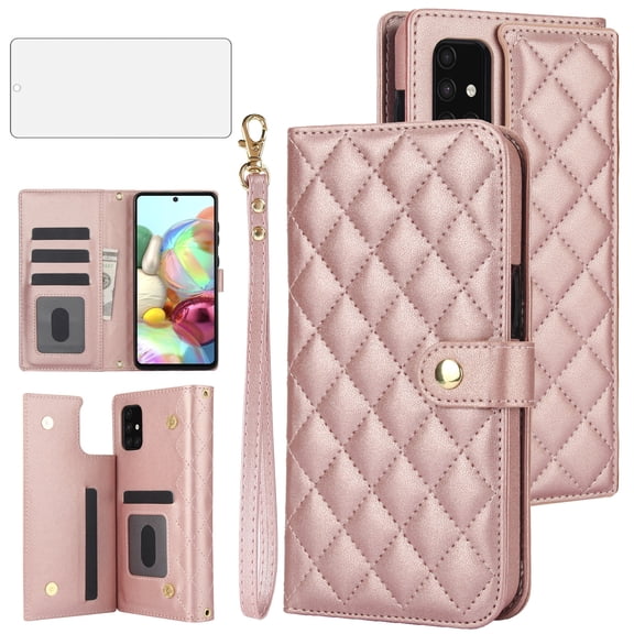 Asuwish Phone Case for Samsung Galaxy A51 4G Wallet Credit Cell Cover with Tempered Glass Screen Protector Lanyard Wrist Strap Flip Card Holder Slot Stand A 51 M40S 51A A515F S51 Women Girls RoseGold