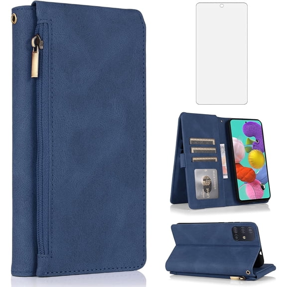 Asuwish Phone Case for Samsung Galaxy A51 4G Wallet Mobile Accessories Credit Cell Cover with Tempered Glass Screen Protector Flip Zipper Stand Card Holder Slot A 51 M40S 51A A515F S51 Women Men Blue
