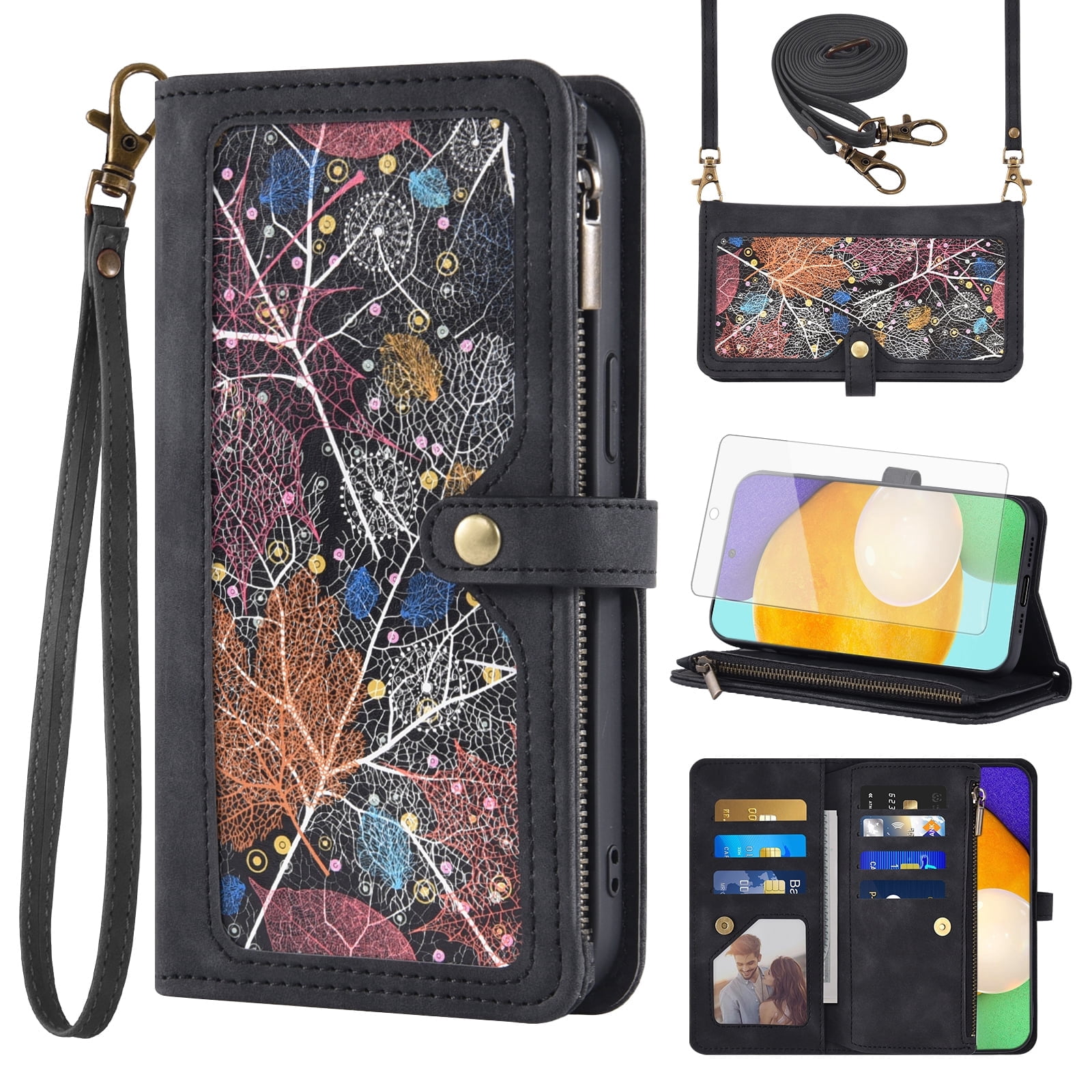 Asuwish Phone Case for Samsung Galaxy A52/A52S 5G Wallet Cover With Tempered Glass Screen Protector Crossbody Wrist Strap Flip Pattern Zipper Credit Card Holder Cell A 52 S 4G G5 52A S52 52S Black