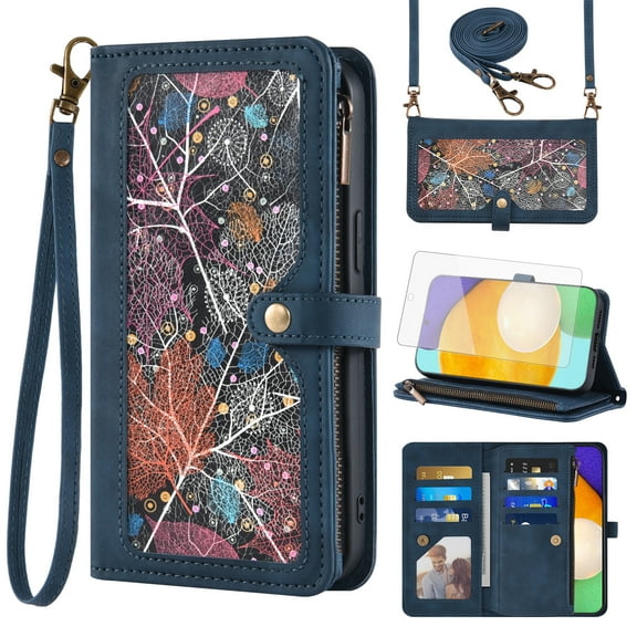 Asuwish Phone Case for Samsung Galaxy A52/A52S 5G Wallet Cover With Tempered Glass Screen Protector Crossbody Wrist Strap Flip Pattern Zipper Credit Card Holder Cell A 52 S 4G G5 52A S52 52S Men Blue