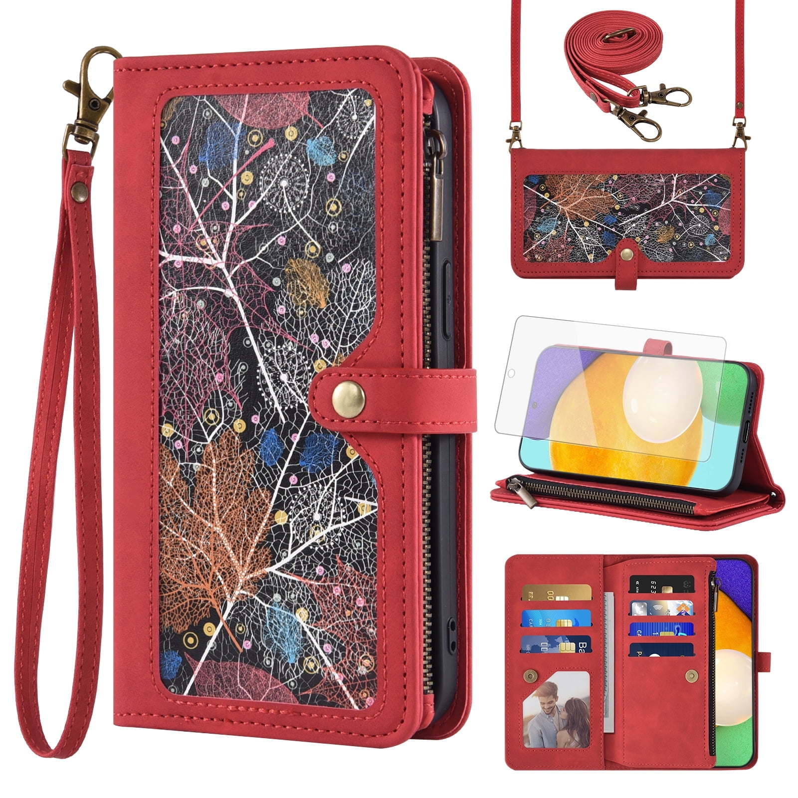 Asuwish Phone Case for Samsung Galaxy A52/A52S 5G Wallet Cover With Tempered Glass Screen Protector Crossbody Wrist Strap Flip Pattern Zipper Credit Card Holder Cell A 52 S 4G G5 52A S52 52S Men Red