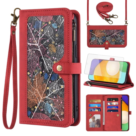 Asuwish Phone Case for Samsung Galaxy A52/A52S 5G Wallet Cover With Tempered Glass Screen Protector Crossbody Wrist Strap Flip Pattern Zipper Credit Card Holder Cell A 52 S 4G G5 52A S52 52S Men Red