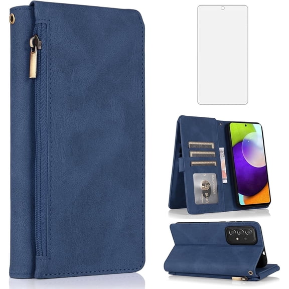 Asuwish Wallet Kickstand Hard Shell Cell Phone Case with Tempered Glass Screen Protector for Samsung Galaxy A52 / A52s 5G, Blue