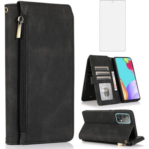 Asuwish Phone Case for Samsung Galaxy A52/A52S 5G Wallet Mobile Accessories Cell Cover with Tempered Glass Screen Protector Flip Zipper Stand Card Holder Slot A 52 S 4G G5 52A S52 52S Women Men Black