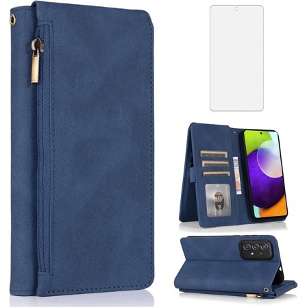 Asuwish Phone Case for Samsung Galaxy A52/A52S 5G Wallet Mobile Accessories Cell Cover with Tempered Glass Screen Protector Flip Zipper Stand Card Holder Slot A 52 S 4G G5 52A S52 52S Women Men Blue