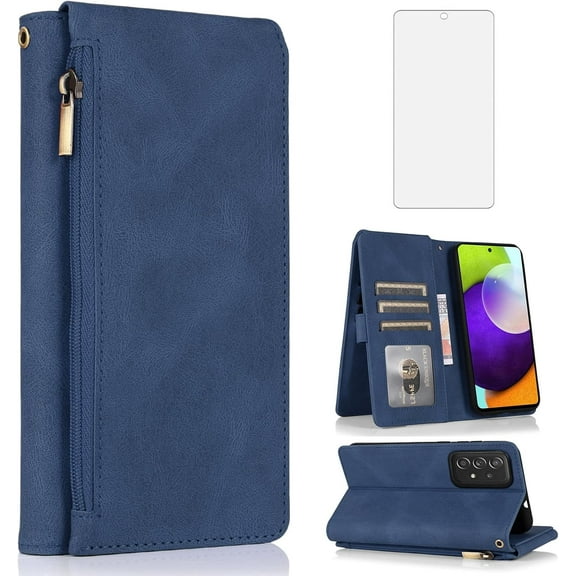 Asuwish Phone Case for Samsung Galaxy A52/A52S 5G Wallet Mobile Accessories Cell Cover with Tempered Glass Screen Protector Flip Zipper Stand Card Holder Slot A 52 S 4G G5 52A S52 52S Women Men Blue