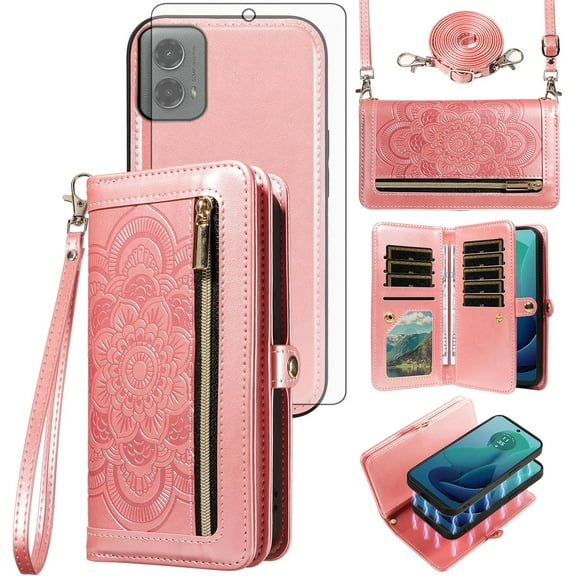 Asuwish Phone Case for Samsung Galaxy A52/A52S 5G Zipper Wallet Detachable Cell Cover with Tempered Glass Screen Protector Strap Flower Flip Card Holder A 52 S 4G G5 52A S52 52S Women Girls Rose Gold