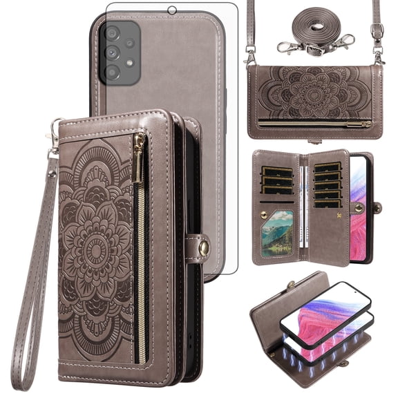 Asuwish Phone Case for Samsung Galaxy A53 5G Zipper Wallet Detachable Cell Cover with Tempered Glass Screen Protector Crossbody Strap Flower Flip Card Holder A 53 G5 53A SM A536U 6.5" 2022 Women Gray