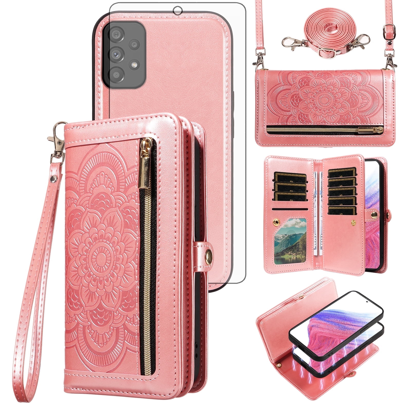Asuwish Detachable Magnetic Zipper Wallet Phone Case with Flower Pattern and Screen Protector for Samsung Galaxy A53 5G, Rose Gold