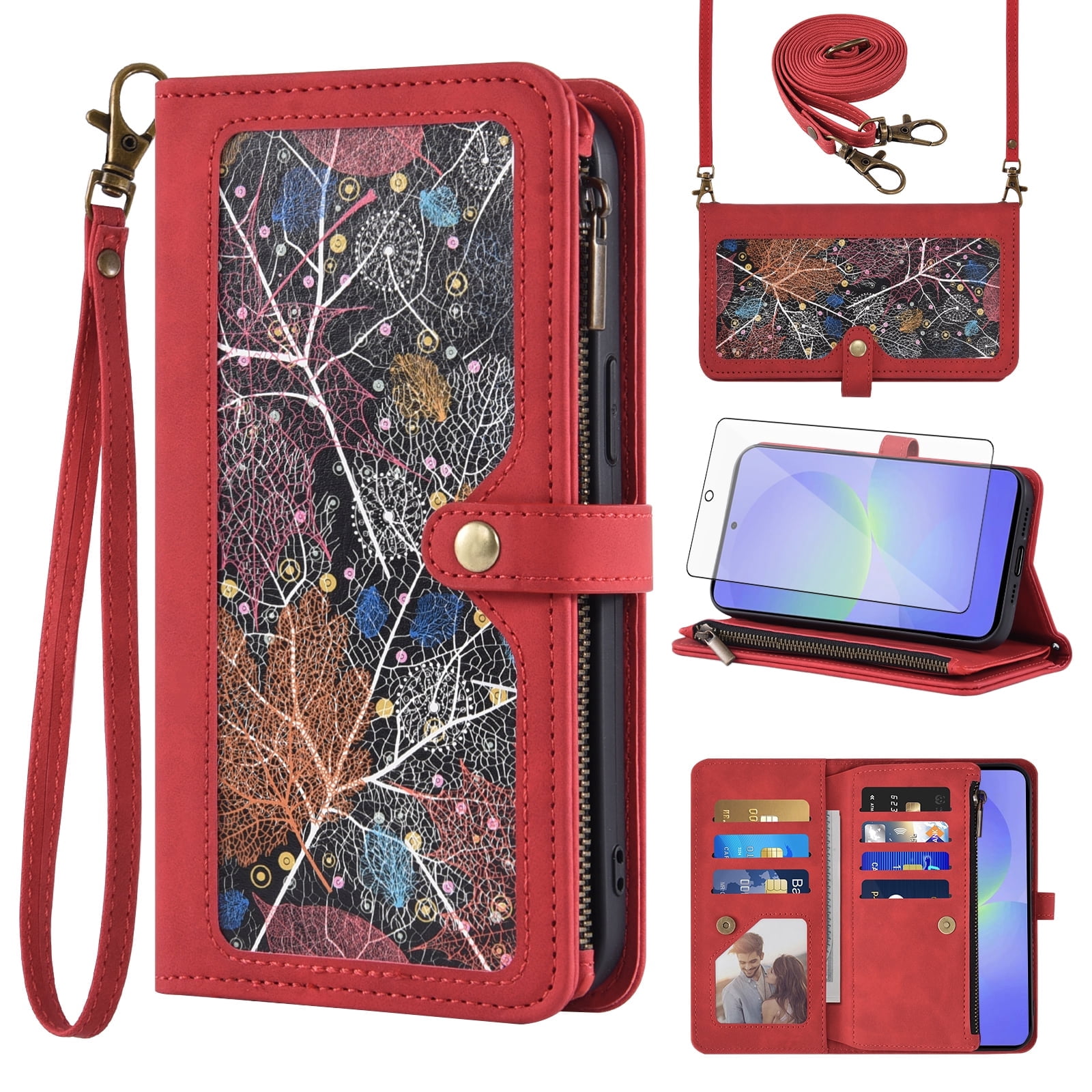 Asuwish Phone Case for Samsung Galaxy A56 5G Wallet Cover With Tempered Glass Screen Protector Crossbody Wrist Strap Flip Pattern Zipper Credit Card Holder Stand Slot Cell A 56 56A LTE Women Men Red