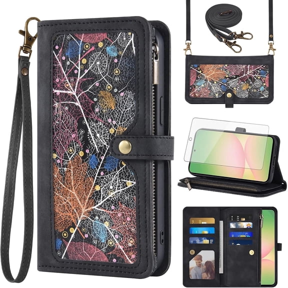 Asuwish Phone Case for Samsung Galaxy A56 5G Wallet Cover With Tempered Glass Screen Protector Crossbody Wrist Strap Flip Pattern Zipper Credit Card Holder Stand Cell A 56 56A LTE Women Men Black