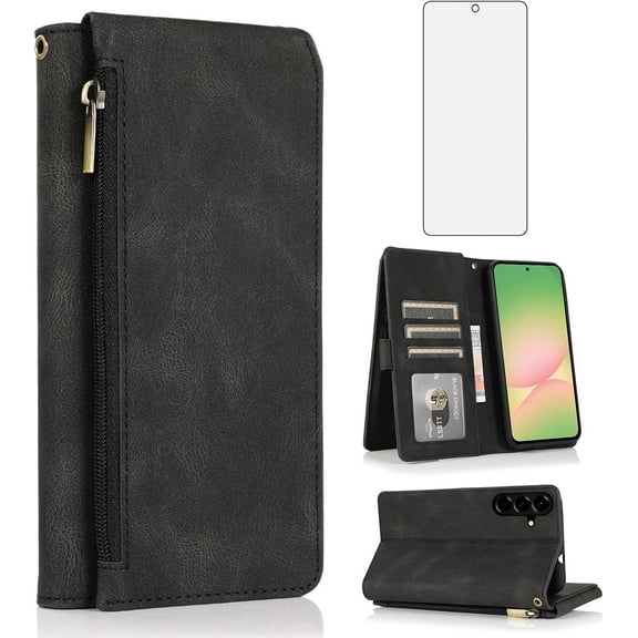 Asuwish Phone Case for Samsung Galaxy A56 5G Wallet Mobile Accessories Credit Cash Cell Cover with Tempered Glass Screen Protector Flip Zipper Stand Card Holder Slot A 56 56A LTE Women Men Black