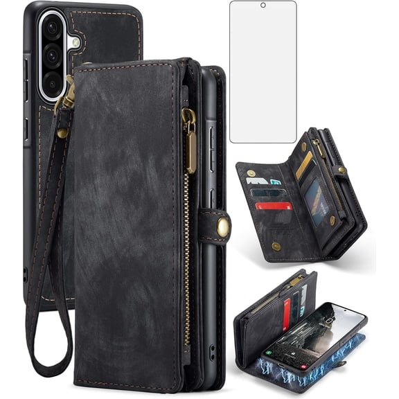 Asuwish Phone Case for Samsung Galaxy A56 5G Zipper Wallet Detachable Cell Cover with Tempered Glass Screen Protector Crossbody Lanyard Strap Flip Card Holder Slot A 56 56A LTE Women Men Girls Black
