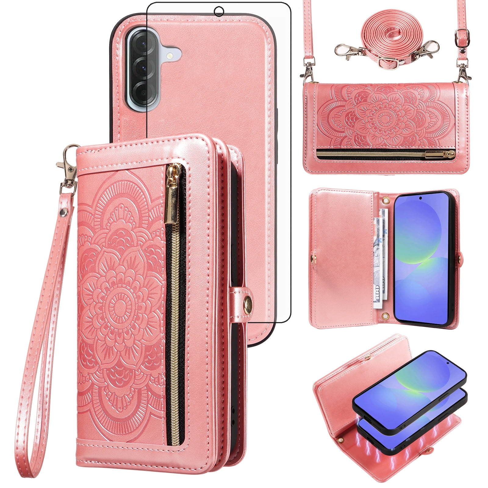 Asuwish Detachable Magnetic Zipper Wallet Phone Case with Flower Pattern and Screen Protector for Samsung Galaxy A56, Rose Gold