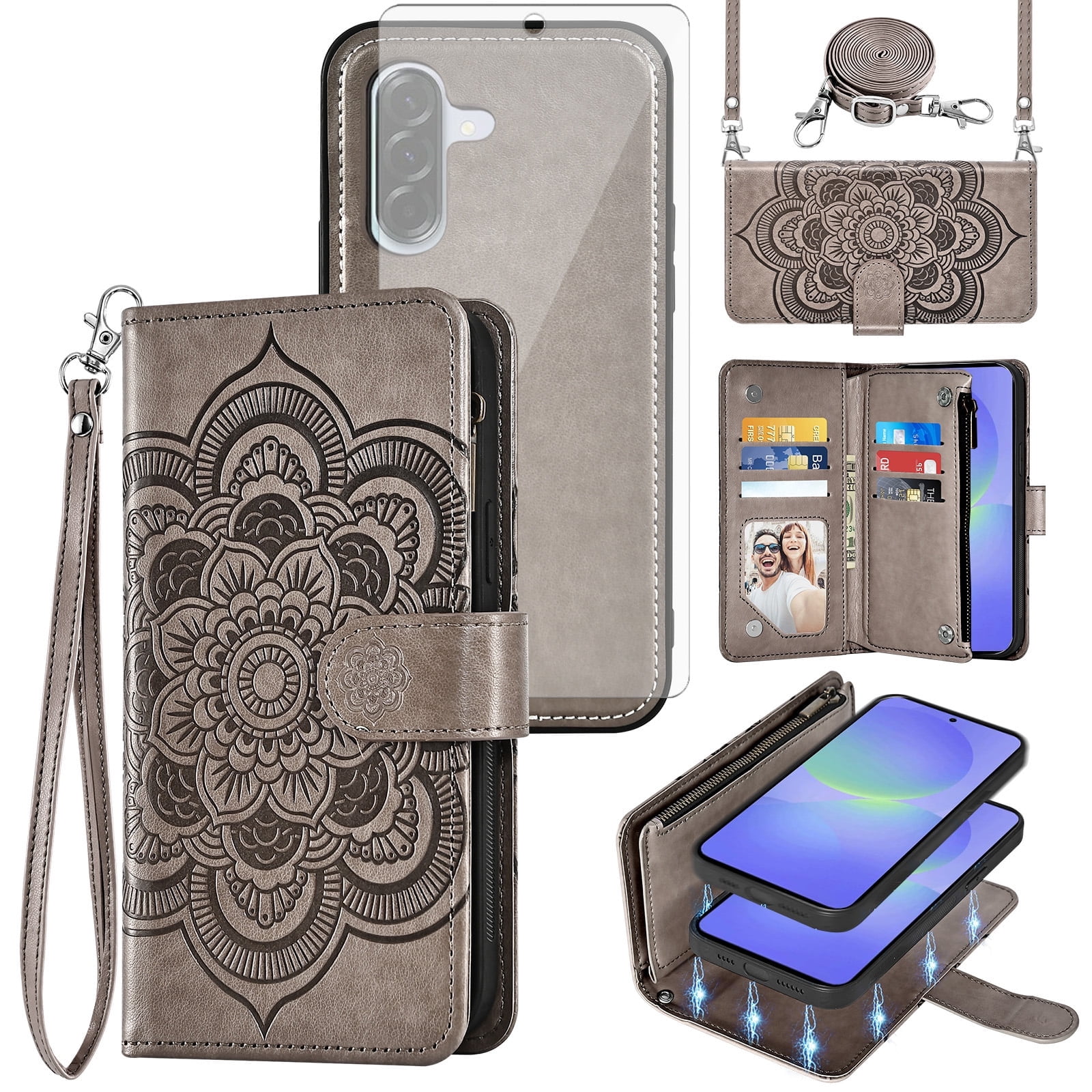 Asuwish Phone Case for Samsung Galaxy A56 5G Zipper Wallet Magnetic Detachable Cell Cover with Tempered Glass Screen Protector Crossbody Strap Flower Card Holder Slot A 56 56A LTE Women Girls Grey