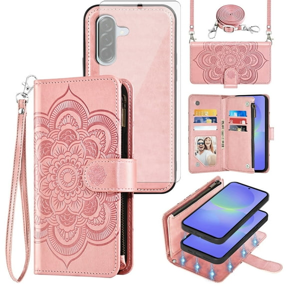 Asuwish Phone Case for Samsung Galaxy A56 5G Zipper Wallet Magnetic Detachable Cell Cover with Tempered Glass Screen Protector Crossbody Strap Flower Card Holder Slot A 56 56A LTE Women Girls Pink