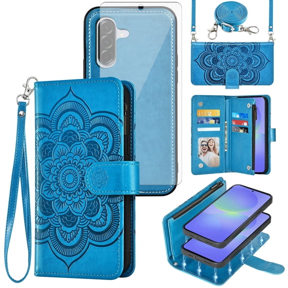 Asuwish Phone Case for Samsung Galaxy A56 5G Zipper Wallet Magnetic Detachable Cell Cover with Tempered Glass Screen Protector Crossbody Strap Flower Card Holder Slot A 56 56A LTE Women Girls Blue