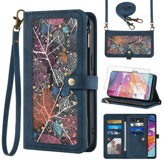 Asuwish Phone Case for Samsung Galaxy A70 Wallet Cover With Tempered Glass Screen Protector Crossbody Wrist Strap Flip Pattern Zipper Credit Card Holder Stand Cell A70S A 70 70A S70 Women Men Blue