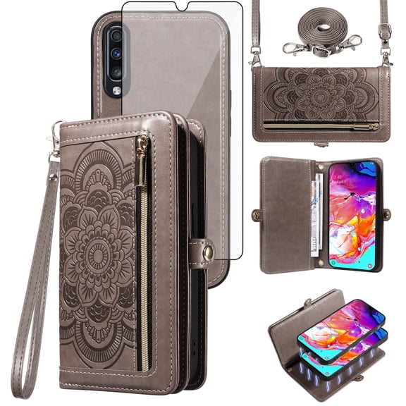 Asuwish Phone Case for Samsung Galaxy A70 Zipper Wallet Detachable Cell Cover with Tempered Glass Screen Protector Crossbody Lanyard Strap Flower Flip Card Holder A70S A 70 70A S70 Women Girls Gray