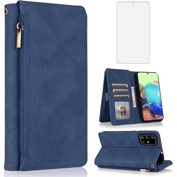 Asuwish Wallet Kickstand Hard Shell Cell Phone Case with Tempered Glass Screen Protector for Samsung Galaxy A71 4G, Blue