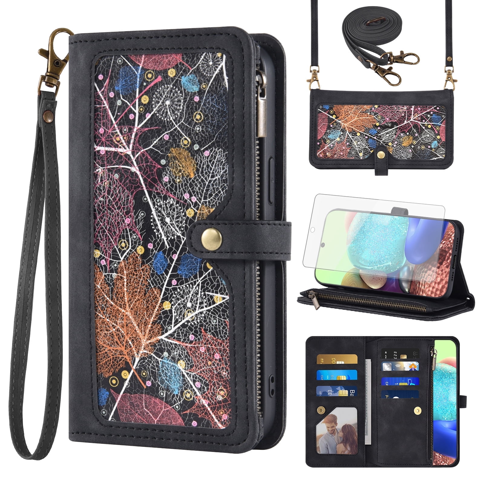 Asuwish Phone Case for Samsung Galaxy A71 5G Wallet Cover With Tempered Glass Screen Protector Crossbody Wrist Strap Flip Pattern Zipper Credit Card Holder Stand Cell A 71 G5 71A S71 Women Men Black
