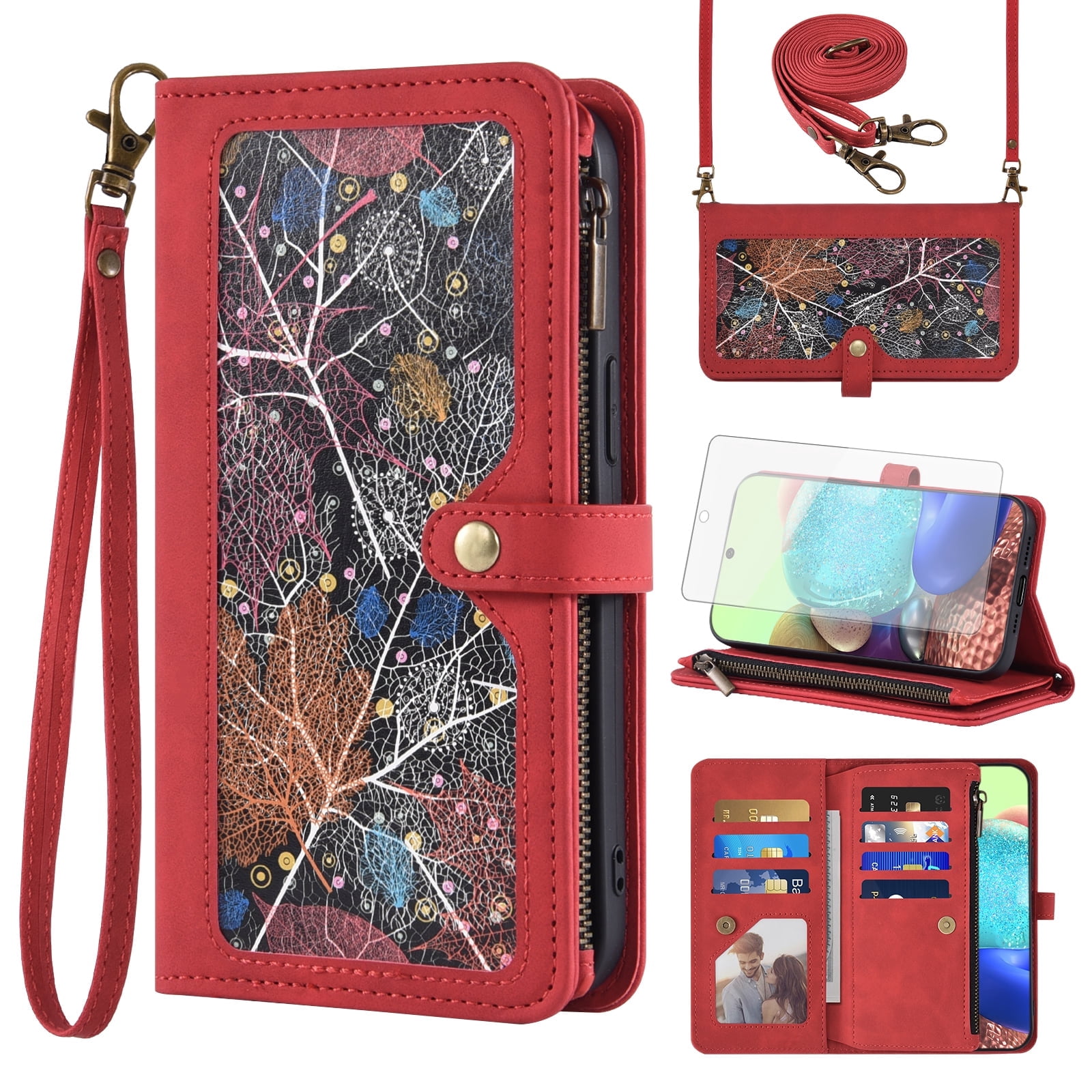 Asuwish Phone Case for Samsung Galaxy A71 5G Wallet Cover With Tempered Glass Screen Protector Crossbody Wrist Strap Flip Pattern Zipper Credit Card Holder Stand Cell A 71 G5 71A S71 Women Men Red