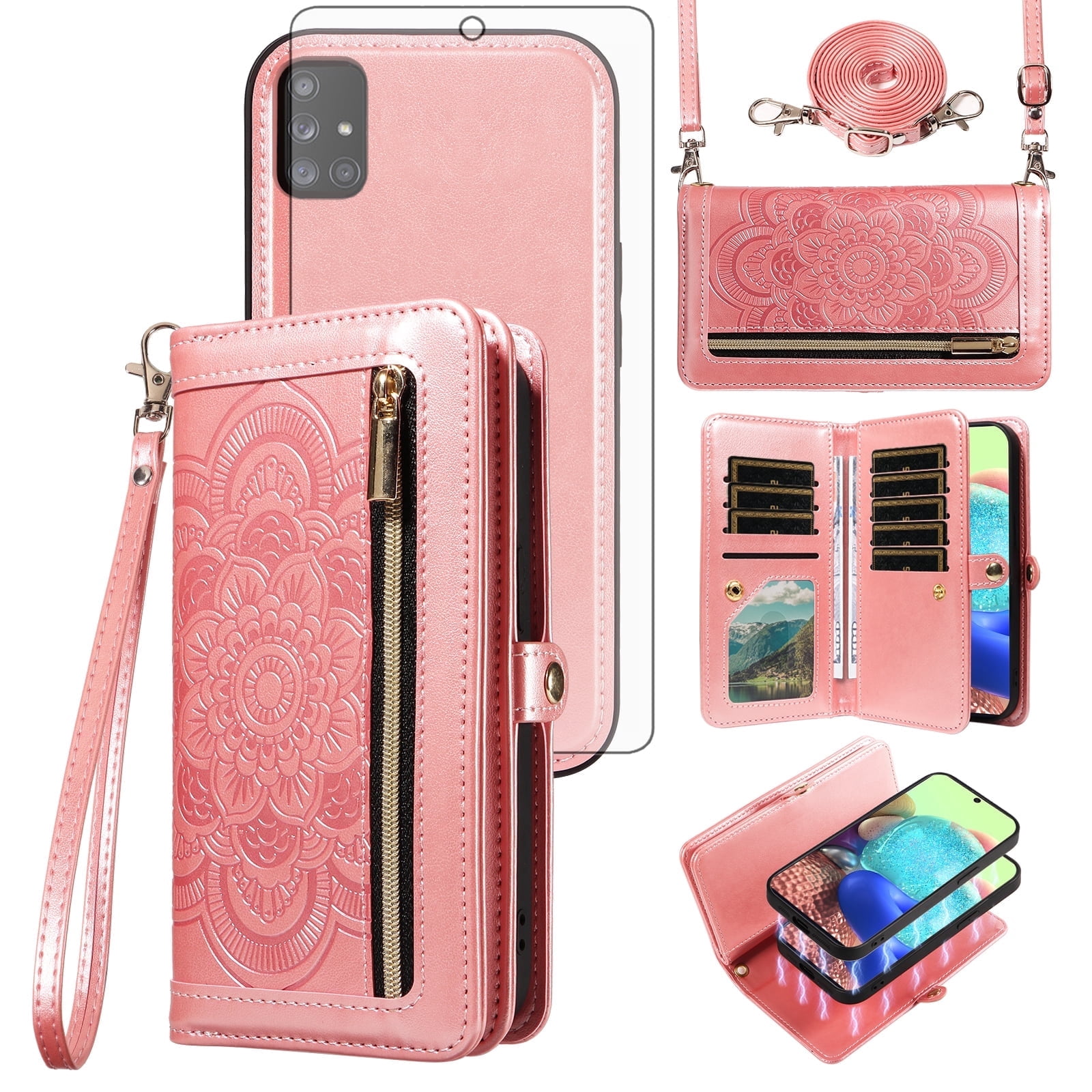 Asuwish Detachable Magnetic Zipper Wallet Phone Case with Flower Pattern and Screen Protector for Samsung Galaxy A71 5G, Rose Gold