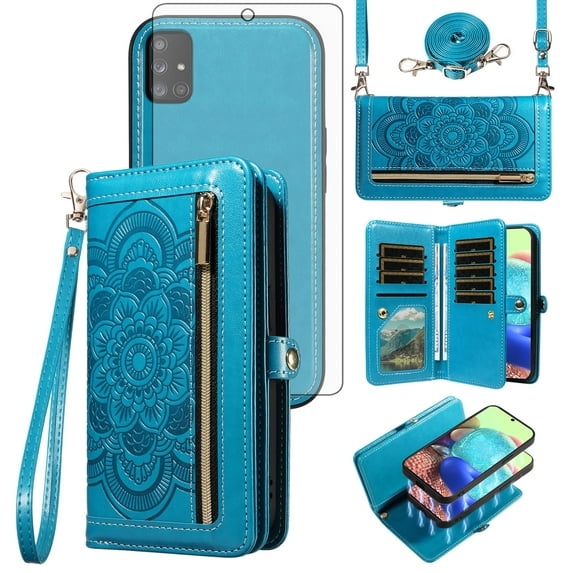Asuwish Phone Case for Samsung Galaxy A71 5G Zipper Wallet Detachable Cell Cover with Tempered Glass Screen Protector Crossbody Lanyard Strap Flower Flip Card Holder A 71 G5 71A S71 Women Girls Blue