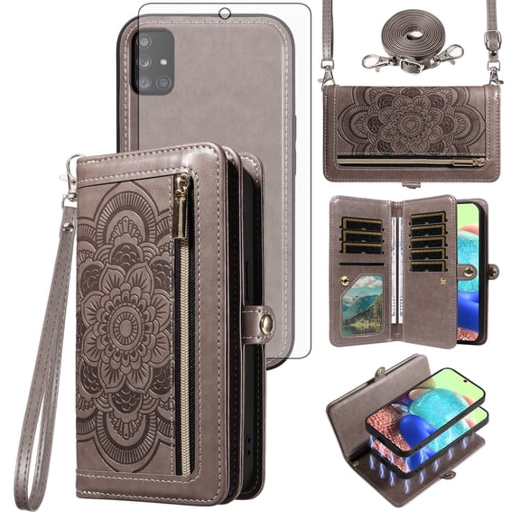 Asuwish Phone Case for Samsung Galaxy A71 5G Zipper Wallet Detachable Cell Cover with Tempered Glass Screen Protector Crossbody Lanyard Strap Flower Flip Card Holder A 71 G5 71A S71 Women Girls Gray