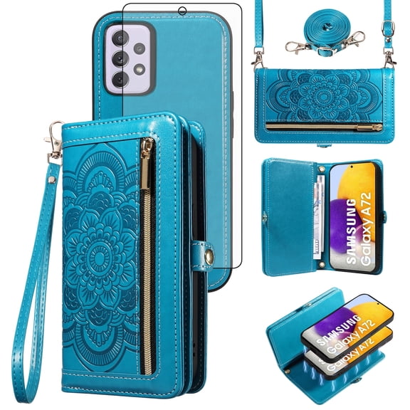 Asuwish Detachable Magnetic Zipper Wallet Phone Case with Flower Pattern and Screen Protector for Samsung Galaxy A72, Blue