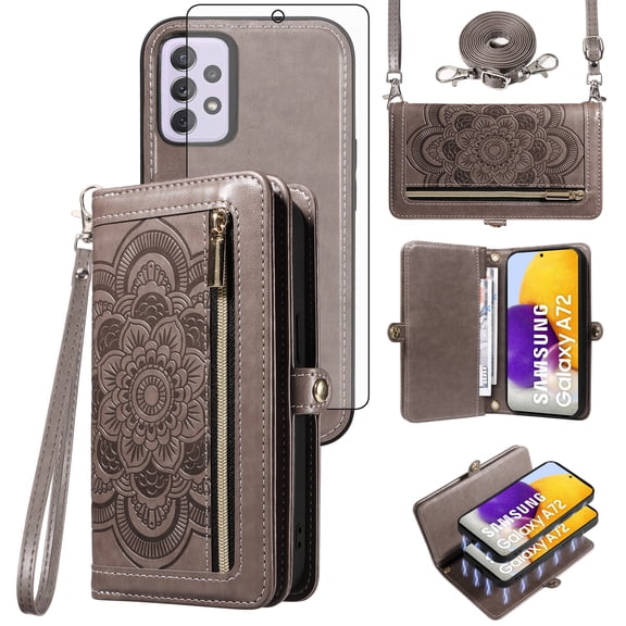 Asuwish Phone Case for Samsung Galaxy A72 5G/4G Zipper Wallet Detachable Cell Cover with Tempered Glass Screen Protector Crossbody Lanyard Strap Flower Flip Card Holder A 72 G5 72A S72 Women Men Gray
