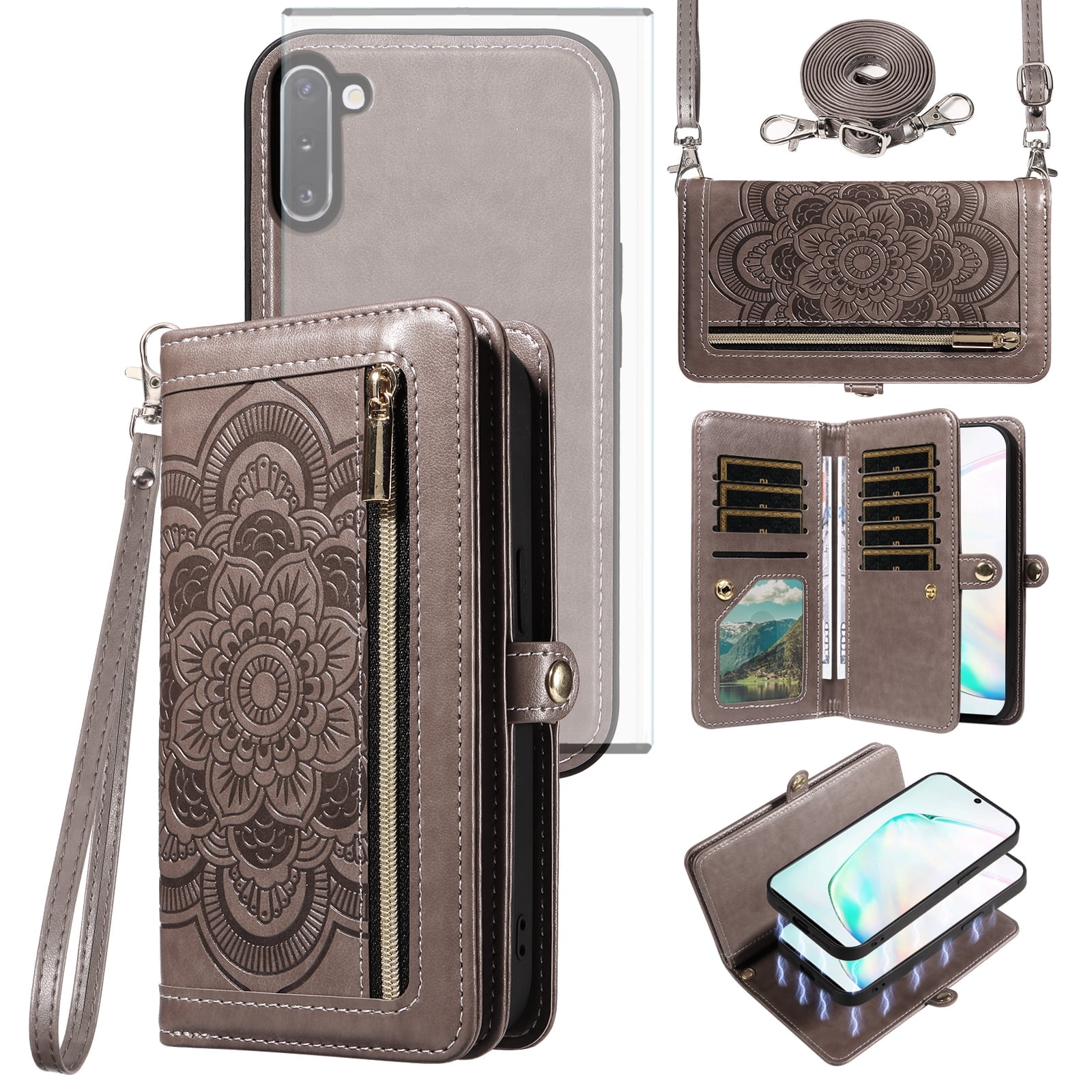 Asuwish Phone Case for Samsung Galaxy Note 10 5G Zipper Wallet Detachable Cell Cover with Tempered Glass Screen Protector Lanyard Strap Flower Flip Card Holder Note10 Notes 10s Ten Not S10 Women Gray