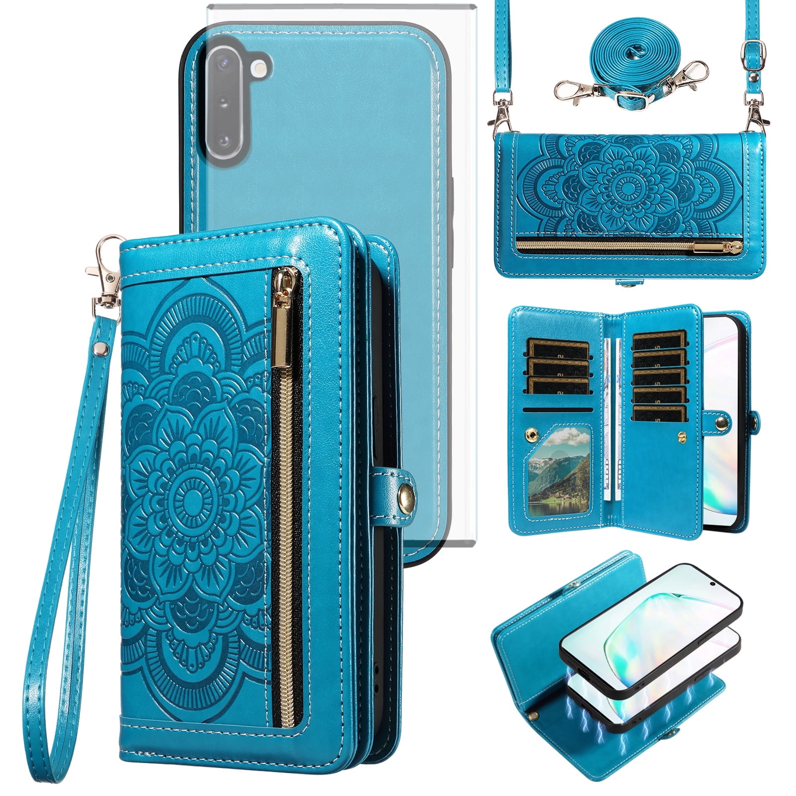 Asuwish Phone Case for Samsung Galaxy Note 10 5G Zipper Wallet Detachable Cell Cover with Tempered Glass Screen Protector Lanyard Strap Flower Flip Card Holder Note10 Notes 10s Ten Not S10 Women Blue